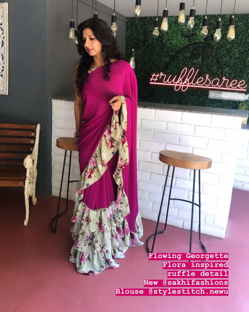 EE-S10607 -Violet & green Faux Georgette saree