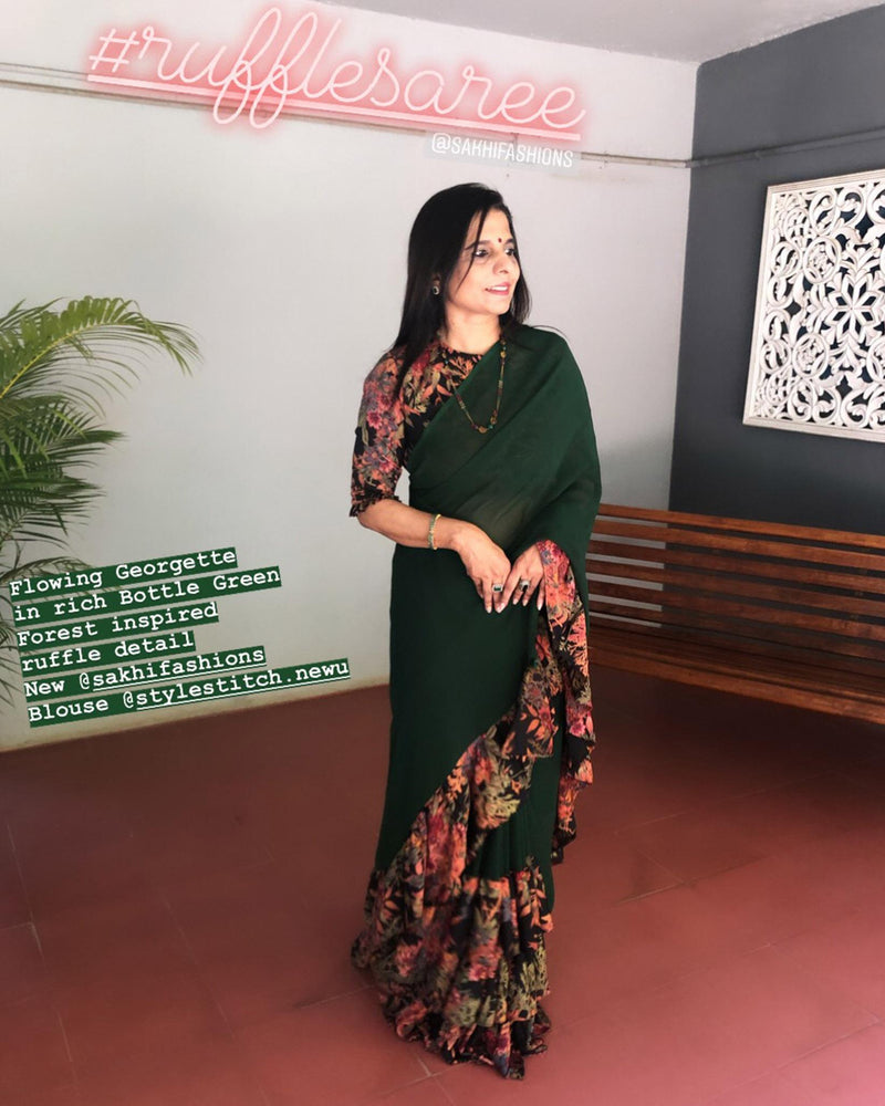 EE-S10608 - Bottle Green & Black Faux Georgette Saree