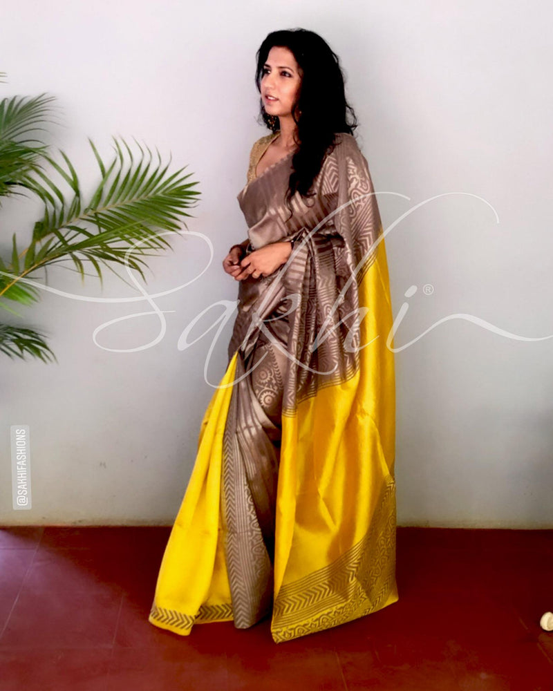 EE-S10659 - Yellow  & Gold Pure Silk Saree