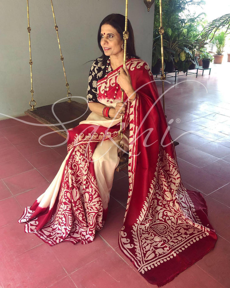 EE-S11444 - Red & beige pure Silk saree