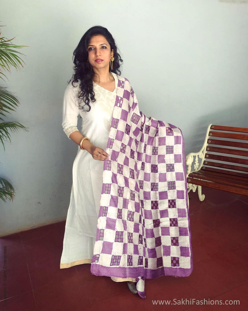 EE-S11450 - Lavnder &  Beige Pure Silk Dupatta