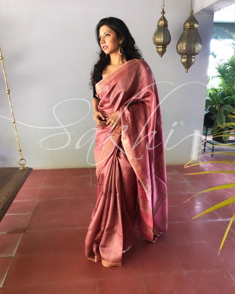 EE-S11463 - Peach &  Pure Tussar Saree