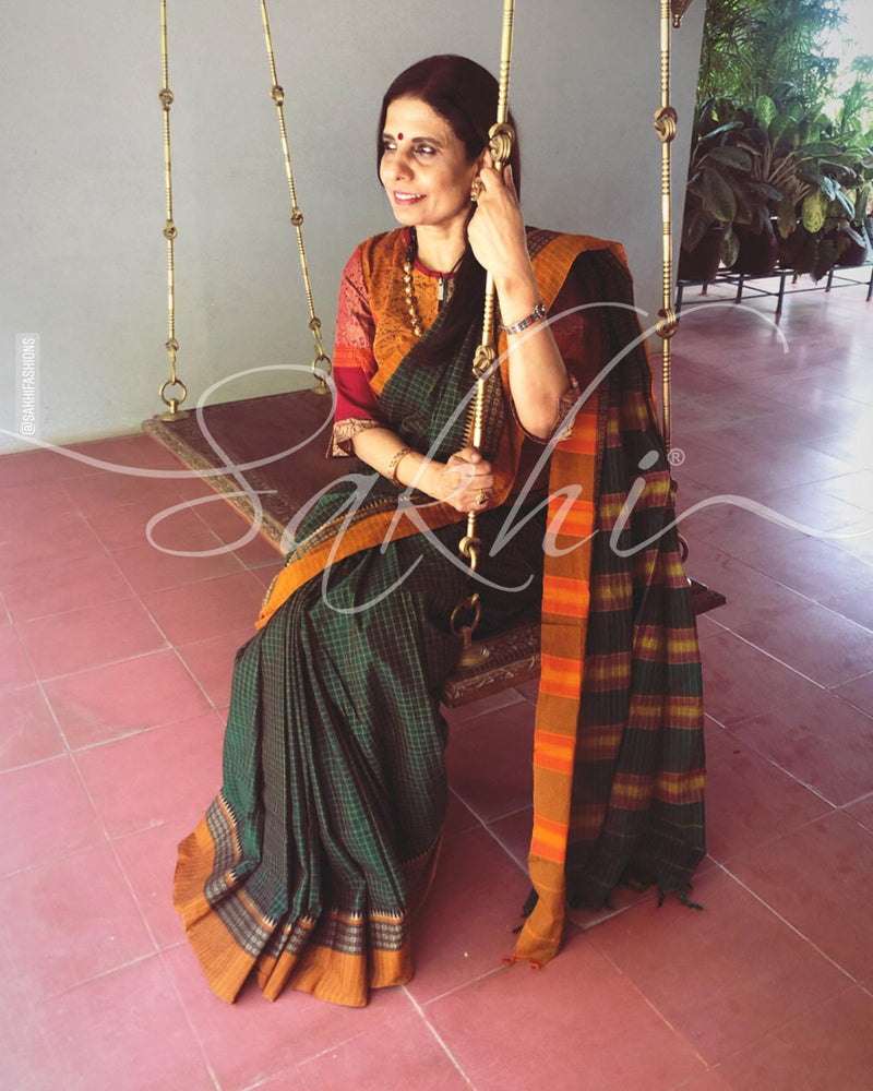 EE-S11499 - Green pure Cotton saree