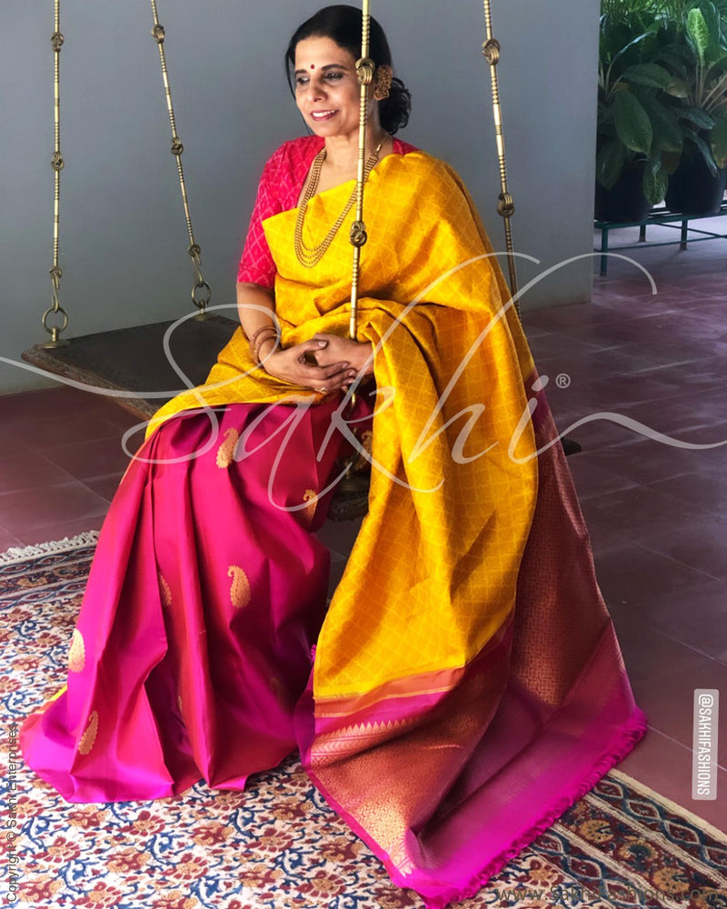 EE-S11583 - Mustard & Pink Pure Kanchivaram Silk Saree