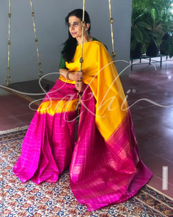 EE-S11595 - Pink & Yellow Pure Kanchivaram Silk Saree