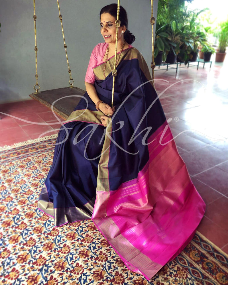 EE-S11614 - Blue & Pink Kanchivaram Silk Saree