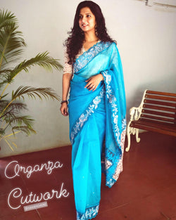 EE-S11778 - Blue pure Organza silk saree