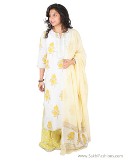EE-S11913 - White & Yellow Pure Cotton Top & Dupatta