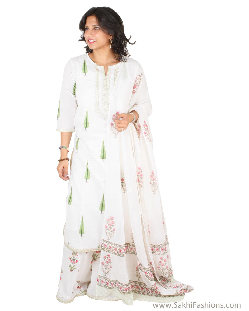 EE-S11916 - White & green pure Cotton Top & Dupatta
