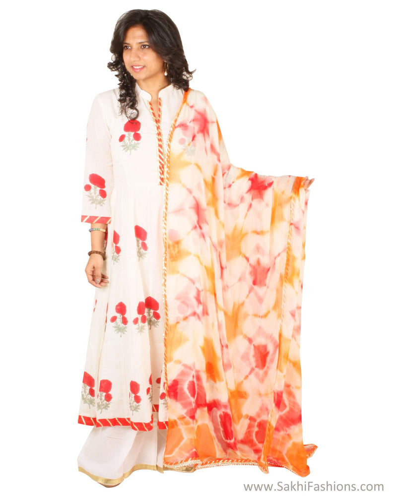 EE-S11920 - White & red pure Cotton Top & Dupatta