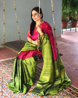 EE-S11995 - Green & Pink Pure Kanchivaram Silk Saree