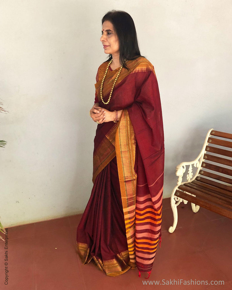 EE-S12676 - Maroon pure Cotton saree
