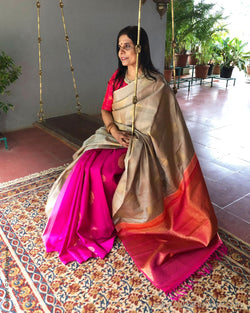 EE-S12996 - Beige & Pink Pure Kanchivaram Silk Saree