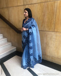EE-S13990 - Blue &  Pure Organza Silk  Saree