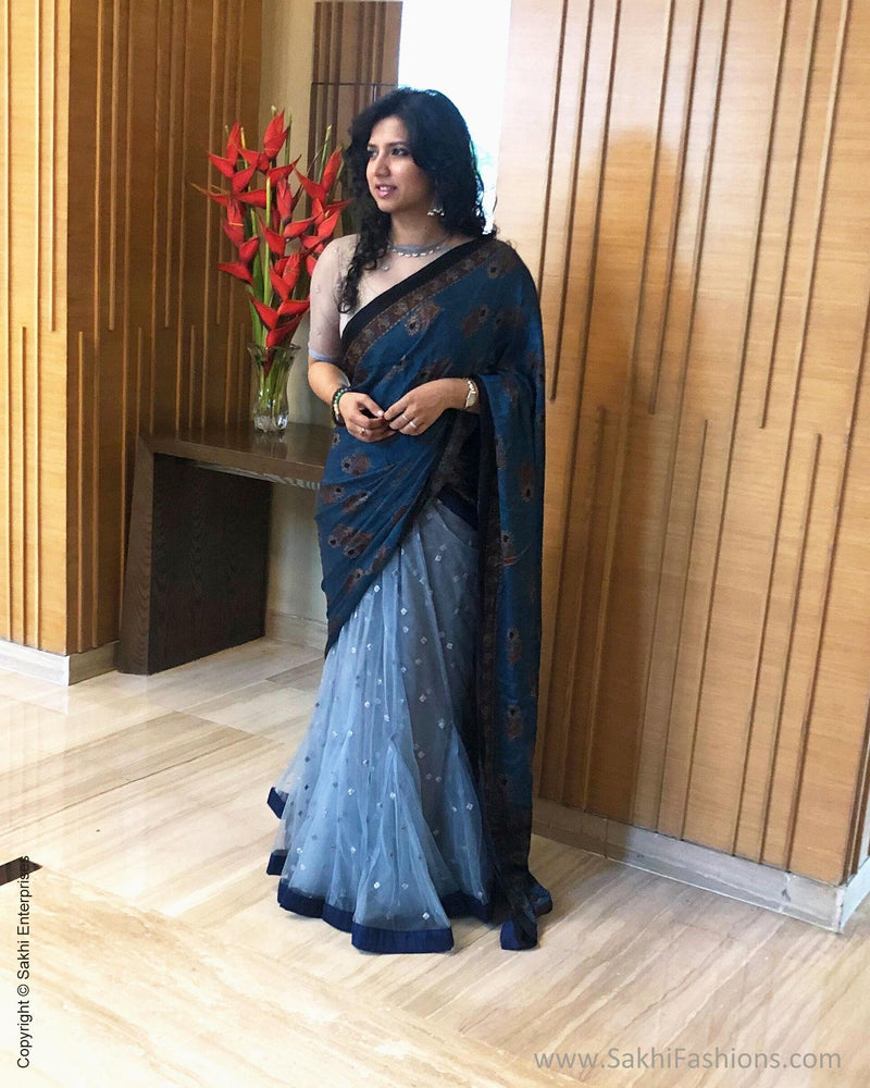 EE-S14097 - Grey Faux Net  saree