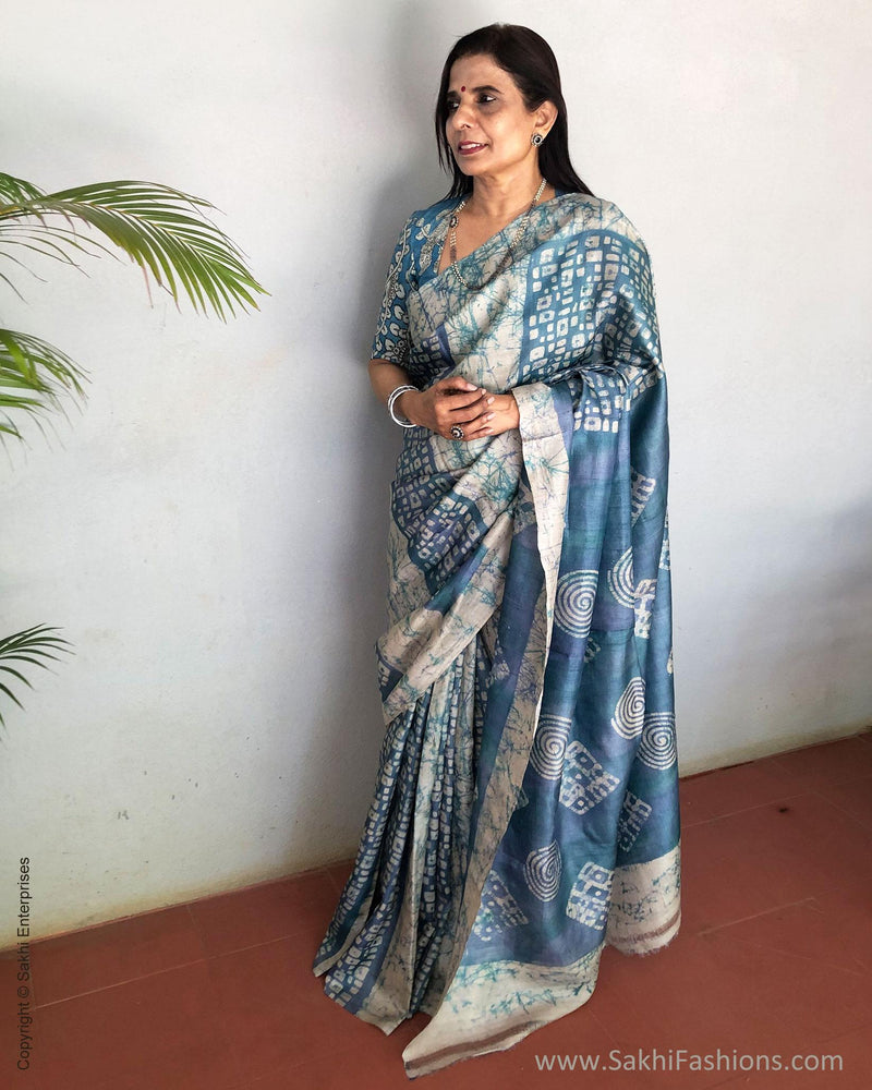EE-S14249 - Blue Pure Tussar silk Saree