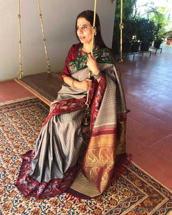 EE-S14461 - Grey & maroon pure Kanchivaram silk saree