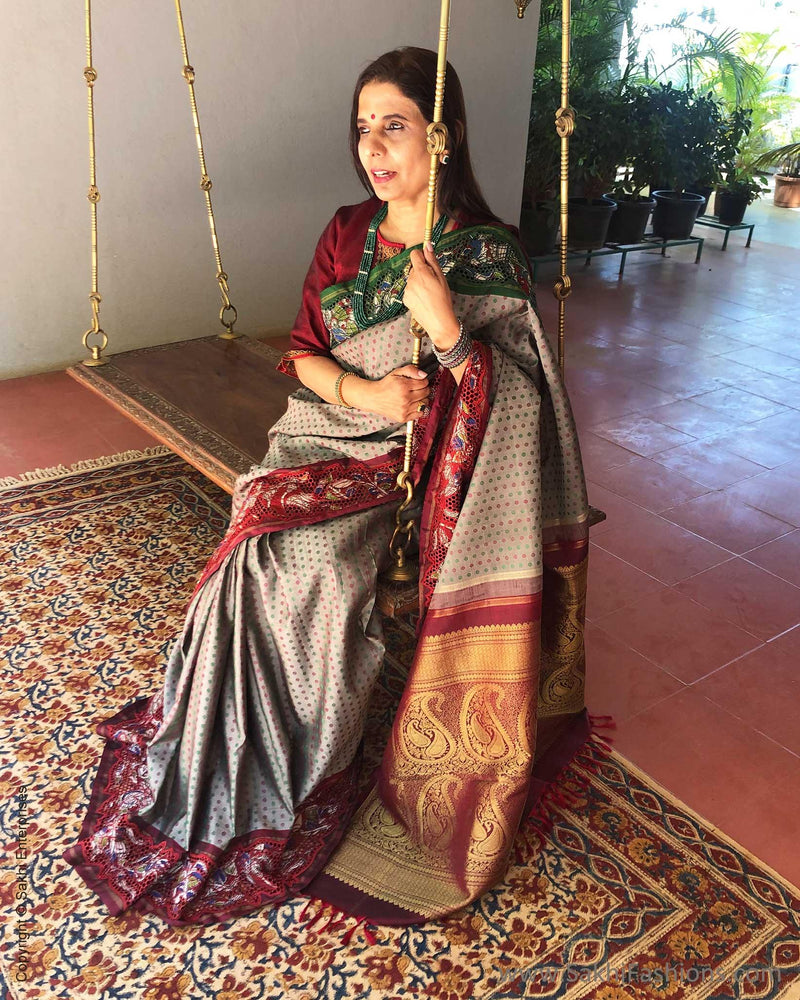 EE-S14461 - Grey & maroon pure Kanchivaram silk saree