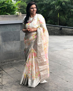 EE-S15306 - Cream &  Pure Organza Silk Saree