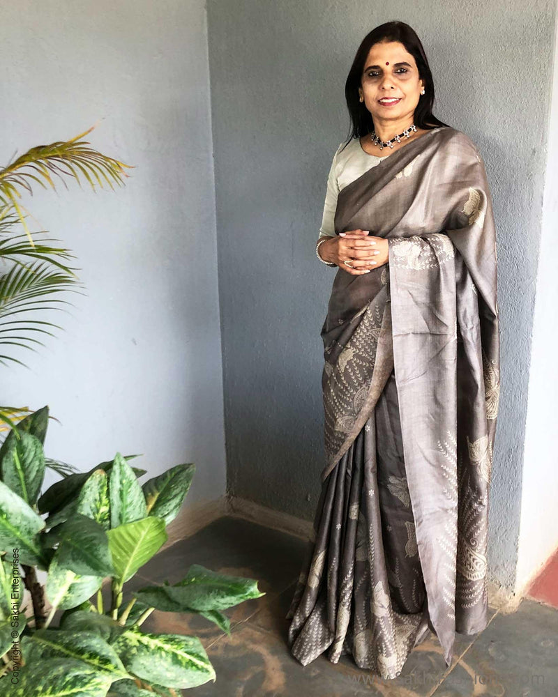 EE-S16344 - Grey Pure Tussar silk saree