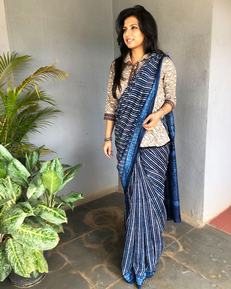 EE-S16346 - Indigo Blue &  Pure Chanderi Saree