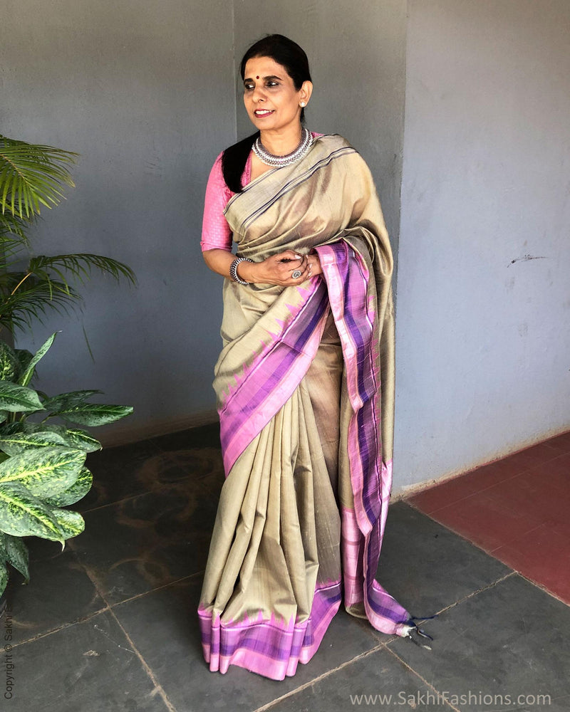 EE-S17646 - Cream pure Raw Silk Saree