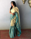 EE-S18076 - Beige & Blue Faux Silk Saree