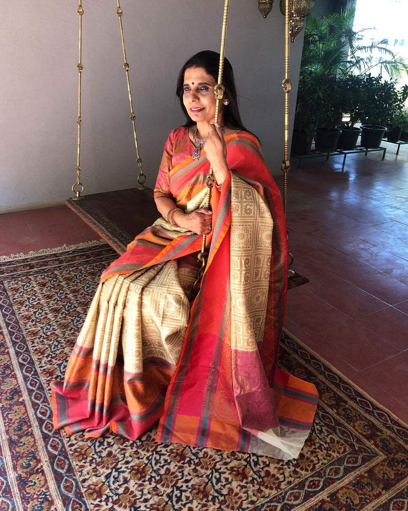 EE-S18079 - Cream Multi Banarsi Silk Saree