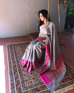 EE-S18080 - Bluish grey & Pink Banarsi Silk Saree