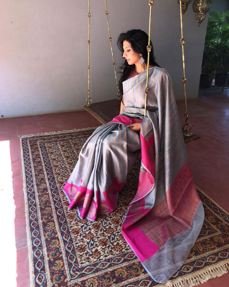 EE-S18080 - Bluish grey & Pink Banarsi Silk Saree