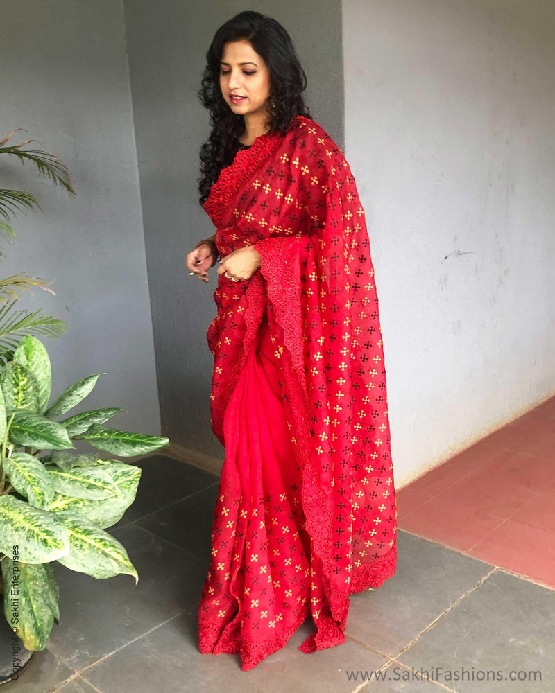EE-S19487 Red Organza Cutwork saree