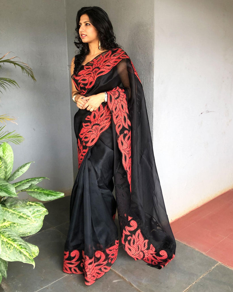 EE-S19717 - Black &  Pure Organza Silk Saree