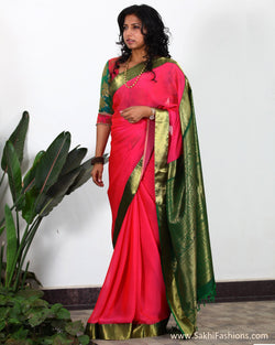 EEP-22894 - Pink & Green Pure Chiffon Silk Saree
