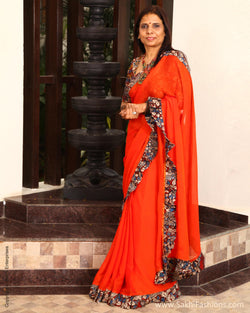 EEP-23025 - Orange & Multi Pure Chiffon Silk Saree