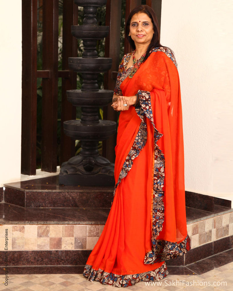EEP-23025 - Orange & Multi Pure Chiffon Silk Saree
