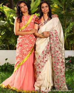 EEP-L10G - Cream & Pink Pure Silk Saree