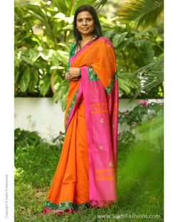 EEQ-1394 - Orange & Green Pure Cotton Saree