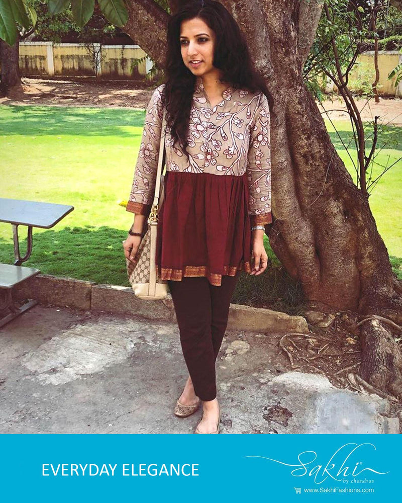 EEQ-15885 - Grey & Maroon Pure Silk Top