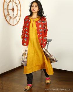 EEQ-8917 - Red & Mustard Cotton & Silk Kurtha & Jacket