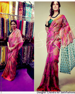SR-0136 Peach & green Organza silk saree