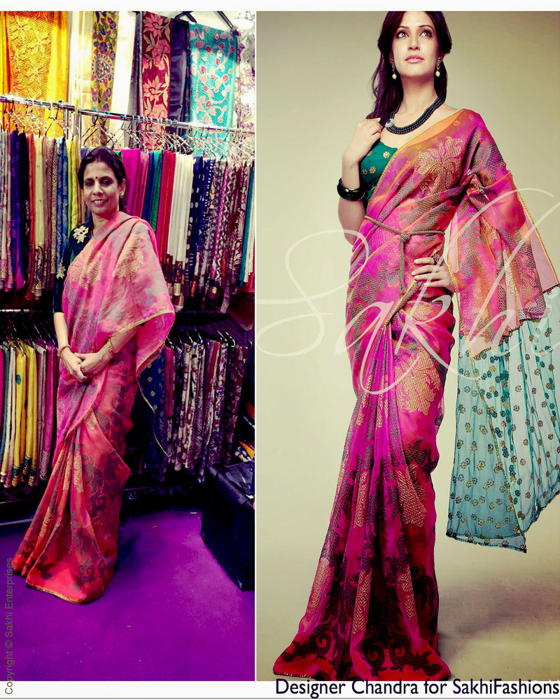 SR-0136 Peach & green Organza silk saree