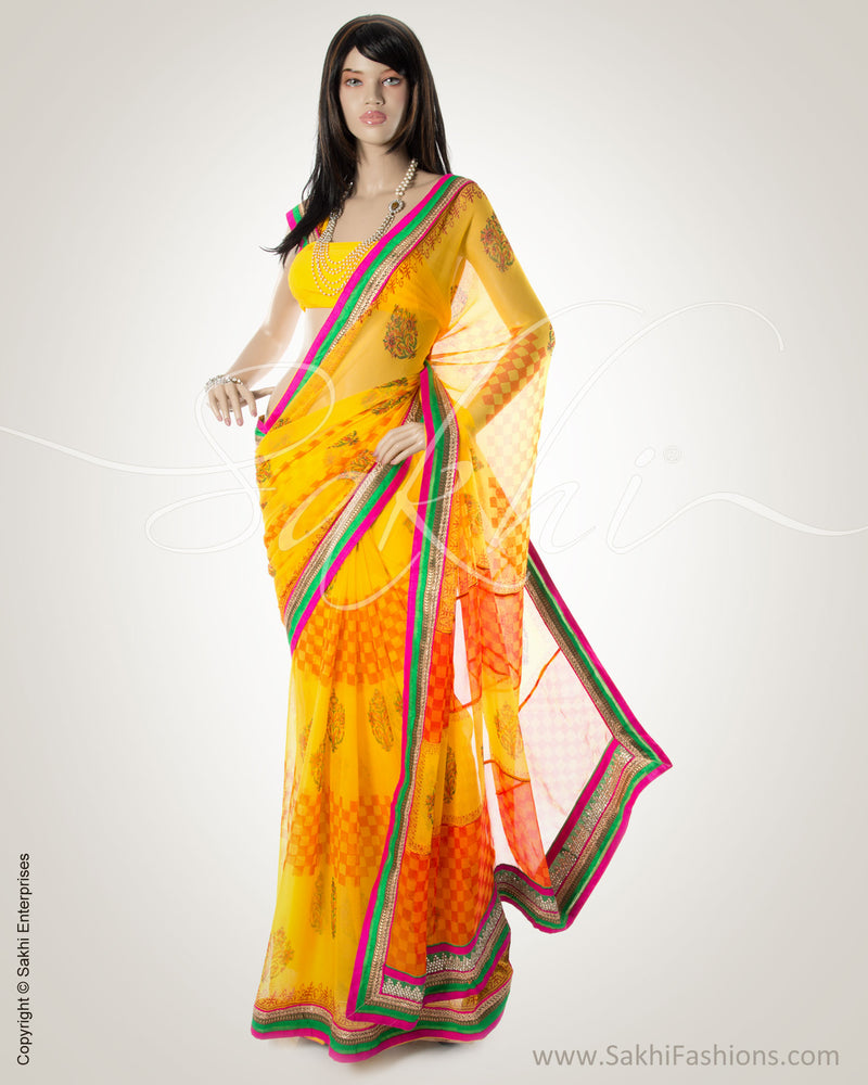 GC-0007 Yellow & Orange Faux Chiffon  Saree