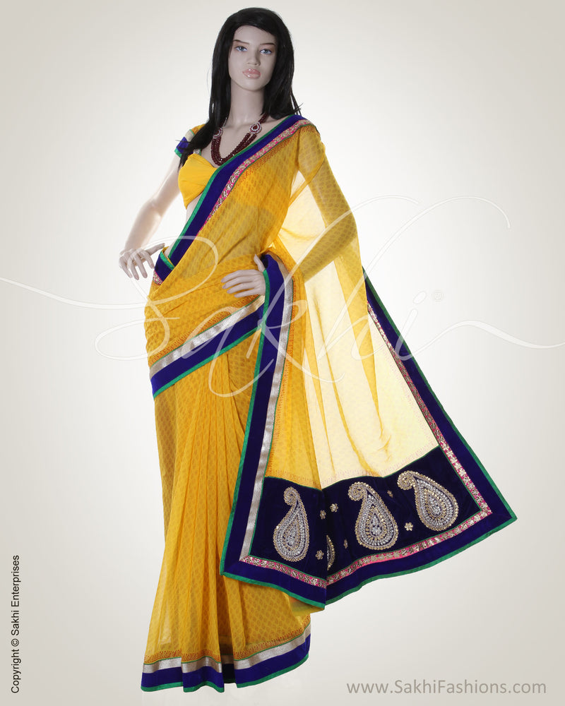 GC-0017 Yellow & Blue Faux Chiffon Saree