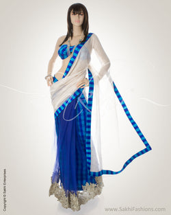 GC-0020 Silver & Blue Crush Tissue, Pure raw silk, Faux Net Saree