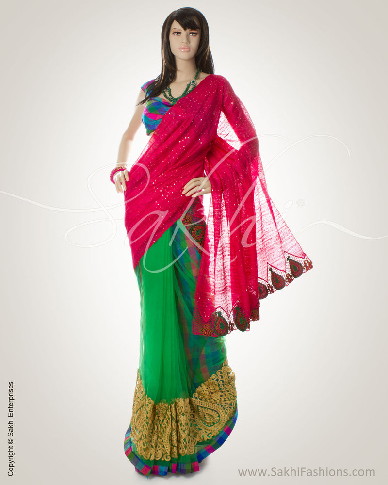 GC-0023 Pink & Green Pure Matka silk, Pure Raw silk, Faux Net Saree