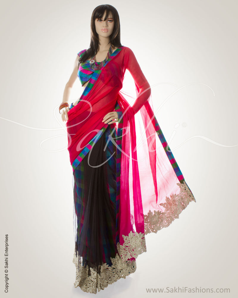 GC-0029 Pink & Black Pure Chiffon silk, Raw Silk, Faux Net Saree
