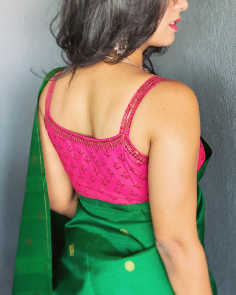Bottle Green Banarasi Chiffon Saree with stitched Spaghetti Strap Blou –  HOLYZARI LLC