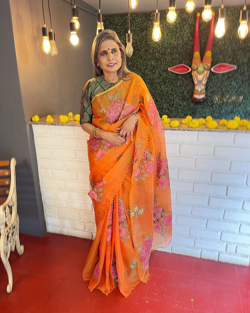 EE-V01363 Orange Organza Sari