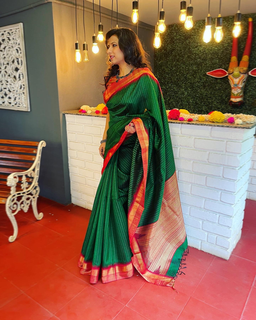Bottle Green Silk Saree With Zari And Buti Work - House of Surya