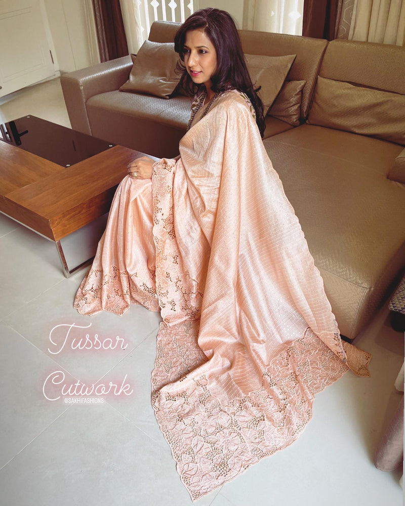 EE-V20765 Peach Cutwork Tussar Sari